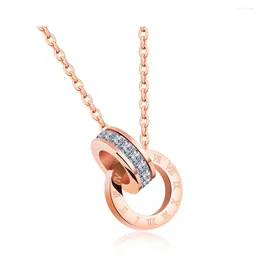 Pendant Necklaces YiKLN Exquisite Cubic Zirconia Double Circle Love Roman Numerals Necklace Rose Gold Color Wedding Women OGX1187