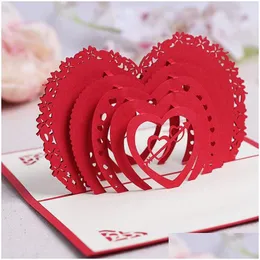 Gratulationskort Valentines Day Gift Heart 3D Pop Up Greating Card Vykort Matchande kuvert Laser Cut Handmased Birthday Post Home Gard Dhmae