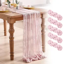 Bordslöpare 5st Pink Semi-Sheer Gace Wedding Table Runner Vintage Cheesecloth Dining Party Christmas Bankets Arches Cake Table Decor 231019