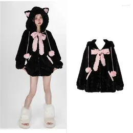 Jaquetas femininas Harajuku Little Wildcat Hoodies Mulheres Bodysuit Black Tie Bowknot Bonito Solto Goth Casaco Y2K Estilo Kawaii Roupas de Inverno 2023