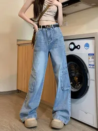 Kvinnors jeans Deeptown Korean Style Hippie Blue Cargo Women Y2k Eesthetic Overdimensionerade denim Pants Kpop Streetwear Wide Leg Baggy byxor