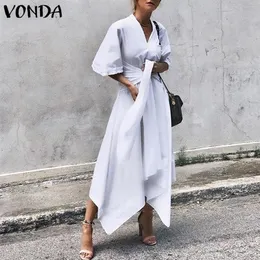 Vonda Summer Dress Vintage Long Maxi Dres半袖セクシーVネック非対称ハイウエストパーティーVestidosプラスサイズY200101258X