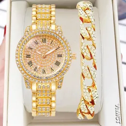 Inne zegarki 2PCS Luksusowe kobiety Diamentowe zegarki Hip Hop Bransoletka Kwarc Kwarcowy Watch Rose Gold Damskie Zegarnia Błyszcząca Kryształ Mujer 231020