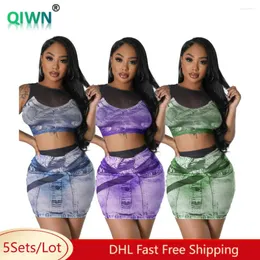 Work Dresses 5Sets Bulk Wholesale Mesh Print Dress Set Women Sexy Sleeveless Crop Top Bodycon Skirt 2 Piece Guaze Patchwork Outfit 9734