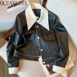 Kurtki damskie Oceanlove Contrast Kolor jesienny zima dla kobiet pu koreańska moda vintage chaquetas Zamknij kołnierz ropa de mujer