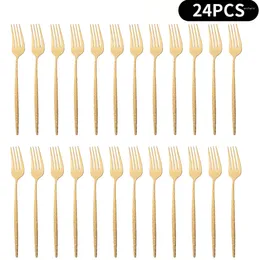 Dinnerware Sets 24Pcs/Set Gold Cutlery Set Stainless Steel Dinner Fork Dessert Cake Fruit Salad Tableware Kitchen Flatware