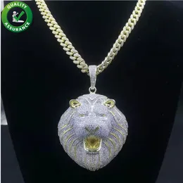 Real 14K Gold Jewelry Mens Iced Out Big Lion Head Pendant With Cuban Link Chain Hip Hop Necklace Rapper Fashion Accessories278Q