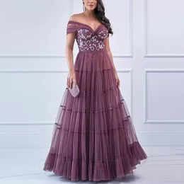 Purple Sexy Lace Appliques Party Gowns Off the Shoulder Sleeveless V-Neck Prom Dresses Backless Elegant A-Line Vestidos de Novia 328 328