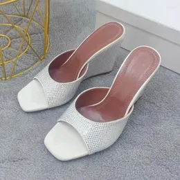 Slippers Luxury Sqaure Toe Wedges Women Rhinestone Mule High Heels Shoes Leisure Crystals Sapato Feminino Slip On Zapatos Mujer