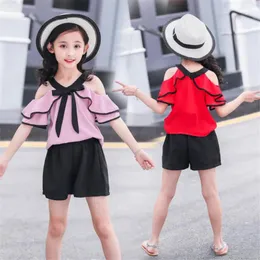 Clothing Sets Girl Off Shouder Summer Suit For Casual Patchwork Top And Shorts Kids Teenage Costume Girls 6 8 10 12 Year