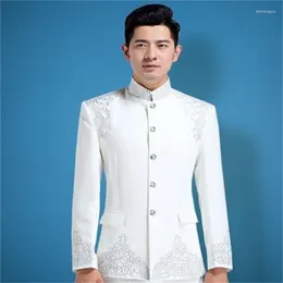 남자 양복 블레이저 남자 정식 드레스 최신 코트 바지 디자인 슈트 스탠드 칼라 자수 마스쿨 리노 결혼 결혼