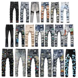 Designer-Lila-Jeans für Herren, gestapelte Jeans, Herren-Denim-Tränen-Jeans, Distressed-Riss-Jeans, Biker-Jeans, Schwarz, Blau, schmale Bleistift-Am-Jeans, schmale Passform, Motorrad-Hip-Hop, Größe 28–40