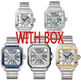 Mens Luxury Watches Square Skeleton watch 40mm size Watch All Stainless Steel luminous needles Casual Business Quartz WristWatch and box