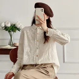 Women's Blouses Cotton Beige Lace Shirts Women Base Shirt Mori Girls Japan Style Long Sleeve Embroidery Aesthetic Tops