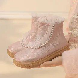 Botlar 2023 Tatlı lolita kumaş nakış ipi boncuk ayak bileği kış prenses botas parti ayakkabıları büyük kızlar için 12 13 14 15 16 17 18