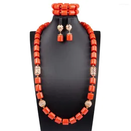 Necklace Earrings Set Simple Artificial Coral Bead Women Long Bracelet African Wedding Handmade Jewelry To Nigeria