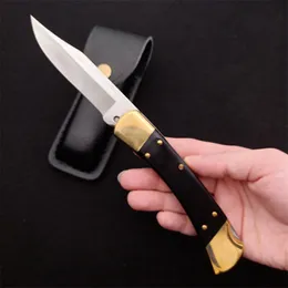 Classic 110 Auto Tactical Folding Knife 440C Satin Blade Ebony med mässing Huvudhandtag EDC Pocket Knives med läderhölje