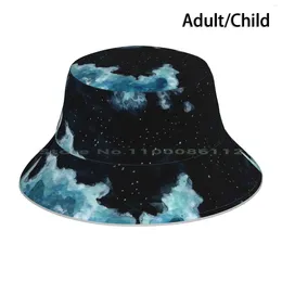 Berets Mystical Night Skies Bucket Chapéu Sun Cap Azul Marinho Céu Nuvens Arte pela Lua Celestial Celestial Universo Pintado Completo