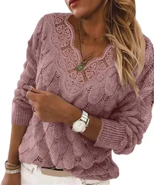 Damskie dzianiny tee kobiety koronkowe v szyja długie rękaw Swetery Lekkie dzianiny stały kolor nowatorski topy 231019