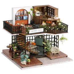 Docka hus tillbehör montera diy trähus dollhouse kit trä miniatyr docka hus tedockan leksaker med möbler ledljus gåva 231019