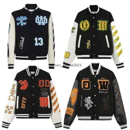 Autumn and winter woolen patchwork leather sleeve heavy industry embroidery letters OW baseball jacket men's women's skull fashion brand