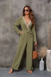 Kadın Tulumlar Saldırılar Zarif Moda Kadınlar Sıradan Dantel Patchwork Vneck Romper Uzun Pantolon Kemeri Cepler 231019