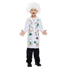 Cosplay Eraspooky Child Mad Scientist Jungen Mädchen Laboruniform Weißer Mantel mit Perücke Halloween Kostüm Karneval Purim Fancy Dresscosplay
