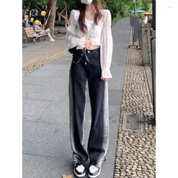 Jeans femininos retro contraste gradiente mulheres primavera e outono vento doce fresco cintura alta mostrar fino cinza escuro calças retas insstyle