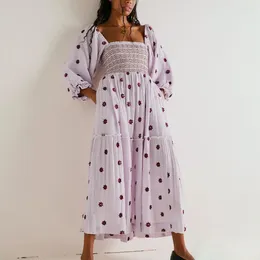 Abiti casual Donna Primavera Autunno Abito scollo quadrato pieghettato manica a lanterna a 3/4 stampa floreale midi a trapezio con orlo ampio da donna