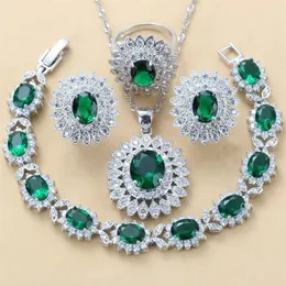 luxueux ensembles de bijoux de mariée en argent 925 de Dubaï, boucles d'oreilles en forme de tournesol en zircon cubique vert, collier, bracelet et bagues 2202102479