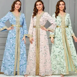Roupas étnicas Outono Muçulmano Abaya para Mulheres Vestido 2 Peça Set Maxi A-Linha Abayas Imprimir Kimono Saudita Árabe Marrocos Kaftan Islâmico Lace-up