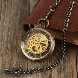 Pocket Watches vintage ihåliga romerska siffror Manual Mechanical Watch Men Pendant Transparent skelett Stål Hand Winding Clock Man