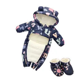 Rompers Autumn Winter Baby Jumpsuit Cartoonプリントフード付きプラスベルベットのベイビーボーイスノーーツ