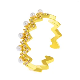 Кольца кластера, нежное жемчужное кольцо в форме волны для женщин, простое роскошное инкрустированное цирконом, регулируемые вечерние ювелирные аксессуары, подарок