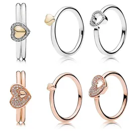 Rose Blushing Romance Puzzle Heart Of Golden Puzzle Gift Set Rings With Crystal 925 Sterling Silver Ring DIY Europe Jewelry2932