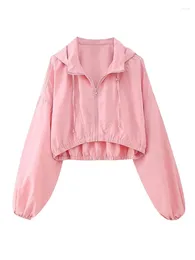 Damesjassen Leuke Dame Street chic 2023 Herfst Roze Capuchon Kort Dames Casual Lange mouw Elastische taille Rits Uitloper