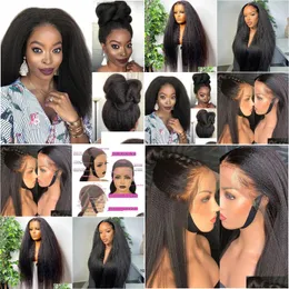 Perucas de cabelo humano 360 HD Kinky Straight Glueless Frontal 13x4 Lace Front Wig Yaki Brasileiro Virgem Pré Arrancado para Mulheres Negras Drop De DHC0H