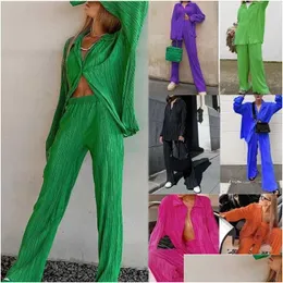 Women'S Tracksuits 2022 Fall Women Casual Tracksuits Loose And Smooth Drape Two Piece Pants Set Apparel Women'S Clothing Dhxun