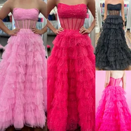 Sequins Tulle Prom Dress 2k24 Sheer Corset Bodice Ruffle Skirt Lady Pageant Winter Formal Cocktail Party Gown Red Carpet Runway Drama Black-Tie Gala Hot Pink Gold