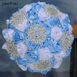 Wedding Flowers JaneVini Charming Light Blue White Ribbon Bridal Bouquets With Silver Rhinestone Artificial Satin Roses Bouquet