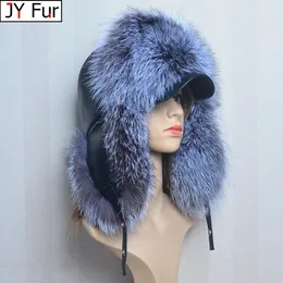 Beanie/Skull Caps Genuine Silver Fur Hat with Ear Flaps Real Natural Fur Caps for Russian Women Bomber Hats Trapper Cap with Real Leather Top 231020
