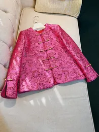 2023 Autumn Fuchsia Floral Jacquard Panelled Jacket Long Sleeve Round Neck Buttons Single-Breasted Jackets Coat Short Outwear H3O111618