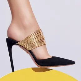 New AQUAZZURA embellished Rhinestone strap slippers PVC Slip On pointed toe Stiletto heel sandal high-heeled luxury designers slipper for women Chamois Suede