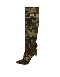 2023 lady leather Martin Booties stiletto high heels long boot Boots women Thigh-High booties pillage toes camouflage colour wedding shoes Pockets Buttons siz 34-43