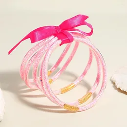 Charm Bracelets Amorcome Sequins Glitter Filled Jelly Silicone PVC Plastic Ribbon Bowknot Buddhist Bangle For Women Girls Pink Color