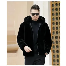 Jaqueta de inverno masculina de couro sintético, pele de vison artificial, slim, moda formal, com capuz, grossa, quente, casaco médio 231020