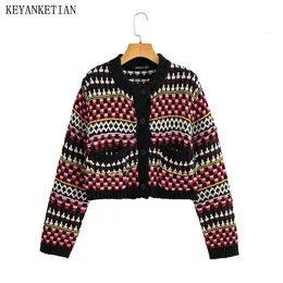 Kvinnors tröjor Keyanketian Autumn and Winter Vintage Jacquard Sticked Cardigan Ethnic Retro Colorful Short Sweater Jacket Women Top 231021