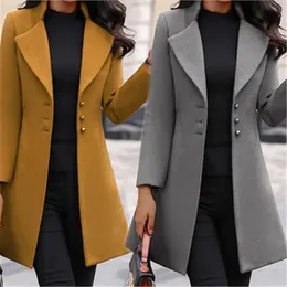 Womens Wool Blends Autumn Winter Woolen Coat Women Yellow Black Stand Collar Singlebreasted Outer Wear Korean Style Slim Jacket 231020