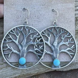 Dangle Earrings Tree Of Life Inlay Blue Stone Vintage Personalized Accessories Hollow Out Piercing Ear Drop Jewelry For Women