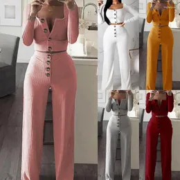 Pantalones de dos piezas para mujer, cárdigan sexy de manga larga con botones, traje informal delgado, tira acanalada, 2 conjuntos, trajes para mujer, conjunto de pantalón largo con botones